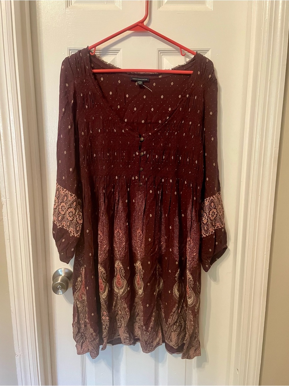American Eagle Outfitters Burgundy Paisley Long-Sleeve Peasant Dress